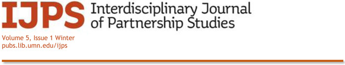 Logo: IJPS - Interdisciplinary Journal of Partnership Studies. It includes orange letters (IJPS and Volume 5, Issue 1
Winter, and link information: pubs.lib.umn.edu/ijps. Black letters spell out the name, all underlined in orange.